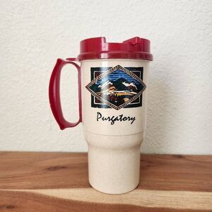 Vintage 90s Purgatory Colorado ski cup thermal cream burgundy red